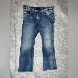 Silver Jeans Zac Mens 34x30 Straight Distressed Blue Denim Stretch Thick Stitch